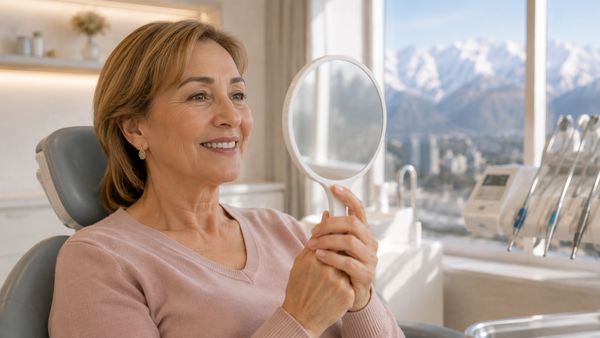 Женщина 60+ улыбается после имплантации зубов