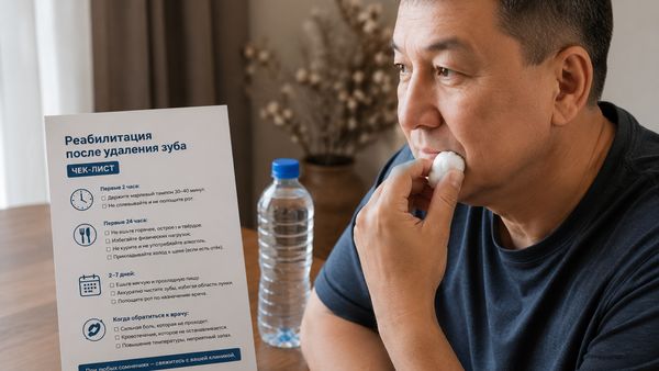 Пациент держит марлевый тампон, рядом памятка с рекомендациями